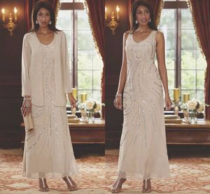 2022 Ankle Length Chiffon Mother of the Bride Groom Dress With Long Sleeve Jacket A-Line V-neck Beading Elegant Champagne Real Photo Plus