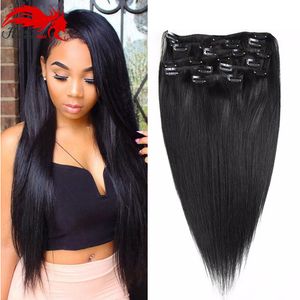 Hannah product Straight Brazilian Non-remy Hair #1B Natural Black Color Human Hair Clip In Extensions 70 Gram 12 to 26 inches