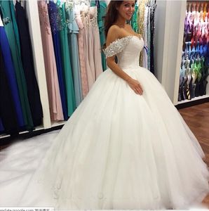 Off Ramię Księżniczka Puffy Dotno Ball Suknia Projektanci 2018 Kryształowe Koraliki Organza Suknie ślubne Made In China