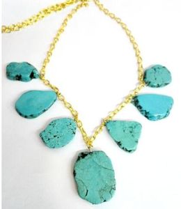 Woman Choker Real Turquoise SIice Stone Pendant Necklace Gold Plated Chain
