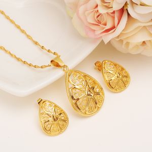 New Heart Ethiopian Necklace Earrings Wedding Jewelry Set Women 24K Yellow Solid Fine Gold Color Filled Vintage Dubai Party Gifts