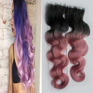 Rey ombre human hair Tape in hair extensions body wave 300g 120pcs/lot #1B / Pink ombre The entire head of hair