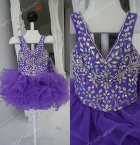 カップケーキの小さな女の子Pageantドレス2021 vネックとジッパーバックリアル写真紫色のフリルオーガンザグッツページェントドレス幼児用カップル