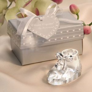 50PCS Clear Crystal Baby Bootie Keepsakes Bomboniere Ornamento di scarpe di cristallo in confezione regalo Omaggi per feste di battesimo neonato