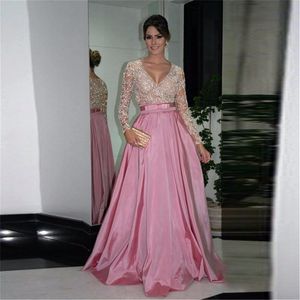 Sexy V-neck Long Sleeves Prom Dress Robe De Soiree Longue Sexy See Through Top Pink Prom Party Dresses with Beading Bow Evening Gown