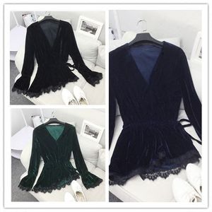 Autumn new fashion women's sexy v-neck long flare sleeve drawstring slim waist asymmetric lace patchwork velvet top shirts 3XL