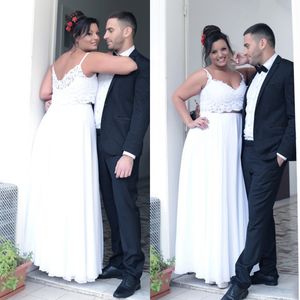 Fabulous Sexy Beach Wedding Dresses Cheap Country Style Boho Two Piece Bridal Gowns Spaghetti Straps Lace Appliques Top Floor Length Skirt