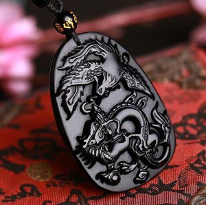 Naturlig Obsidian Stone Hand Carved Dragon Phoenix Amulet Charm Pendant Halsband