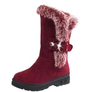 Stivali da neve alla caviglia piatti da donna Stivali di pelliccia Scarpe da neve calde invernali Scarpe da donna in pelle floccata femminile con punta arrotondata