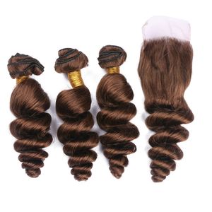 4Pcs Lot 3Pcs Malaysian Medium Brown Virgin Human Hair Weaves With Closure Loose Wave #4 Chocolate Brown 4x4 Lace Closure With Bundles