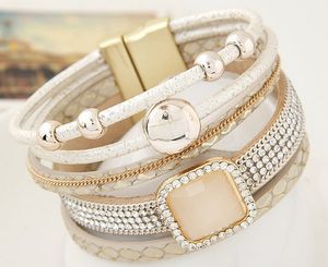 Nya pärla rhinestone magnetiska läderarmband Bangles Bohemian handgjorda multilayer wrap smycken kvinnor Present pulseira