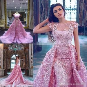 Luxo Rosa Sereia Vestidos de Baile Com O Trem Destacável Lace Appliqued Vestidos de Noite Formais Mangas Curtas Jóia Decote Vestido de Festa