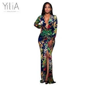 Wholesale dress patterns for womens for sale - Group buy Yilia Sexy African Print Floral Long Maxi Dresses Patterns Long Lantern Sleeve Summer Women Beach Split Deep V Floor Length q171125