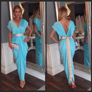 Neue himmelblaue Abendkleider Arabisch Abaya Dubai Lange Sexy V-Ausschnitt Vestidos Festa mit Schärpe