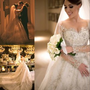 Bateau Neckline Gorgeous Wedding Dress Major Beaded Applique Long Sleeves Chapel Train Bridal Dress 2017 Charming Organza Wedding Gowns