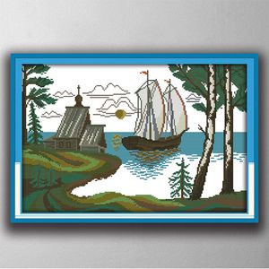 Sprid segel Scenery Sea Boat Painting 11ct räknas tryckt på duk DMC 14CT DIY Cross Stitch NeedleWork Kit broderi set