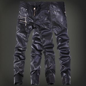 Winter Motorcycle Mens rock leather pants with zippers Black Faux Tight skenny Plus size Punk trousers