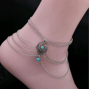 Mescolare cavigliere turchesi vuote in stile bohémien retrò argento antico goccia d'acqua piede catena piede gioielli femminili decorati