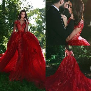 Red Sexy Mermaid Evening Gown With Detachable Train Lace Applique Beads Sweep Train Prom Dress Cap Sleeve Illusion Formal Gown Party Wear