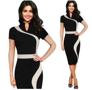 Womens Vintage Contrast Colorblock Slimming Wear To Work Office Business Casual Party Pencil Sheath Women Bodycon Dress Ropa Mujer S12