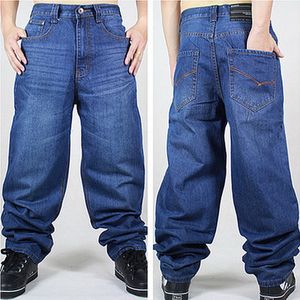 Wholesale- Blue 46 New Men Hip-Hop Jeans Mens Long Loose Fashion Skateboard Baggy Relaxed Denim Casual HIPHOP Men street Pants mill white