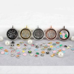 Wholesale Round Magnetic Floating Locket Glass Living Memory Locket Necklaces with Rhinestone without chain Mix 4 Color 30mm