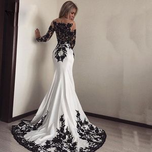 Sexig vit och svart aftonklänningar Illusion Sheer Neckline Långärmad Chiffong Tulle Floral Applique Sweep Train Prom Dress Plus Storlek