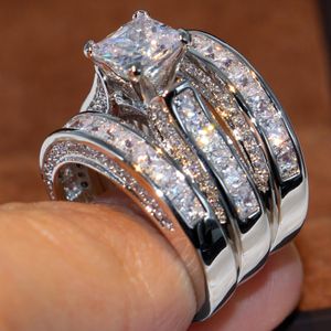 Größe 5-12 Top funkelnder Luxusschmuck 925 Sterling Silber Ehering Princess Cut 3 IN 1 Weißer Topas CZ Diamant Damen Band Ring258D