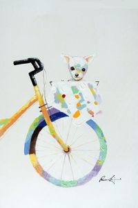 子犬犬チワワ自転車バスケット手塗りのモダンなポップ動物アート油絵カンバス博物館品質マルチサイズJ044