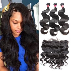 Corpo Wave 3 pacotes com 13 * 4 frontal da Malásia peruana Virgin brasileiro Extensões de cabelo humano da orelha à orelha Lace frontal Encerramento e tece