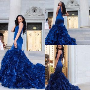 Royal Blue Evening Dresses Pooling Ärmlös Prom Lugnar Mermaid Tiered Ruffle Custom Made Formal Occase Party Gowns Hot Sale Sexy