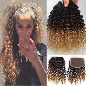 1B 4 27 Honey Blonde Ombre Brazilian Human Hair Weaves With Lace Closure Deep Curly Wave Three Tone 3Bundles With Closure 4Pcs Lot