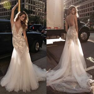 Berta 2019 Mermaid Backless Wedding Dresses Plunging Neckine Lace Applique Crystal Bridal Gowns Sexy Illusion Bodice Fishtail Wedding Dress