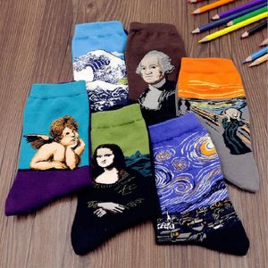 Partihandel- 1Pair Fashion Women Men Harajuku Tryck strumpor Mona Lisa Art Oil Målning Art Socks Starry Night Gogh Mural Socks