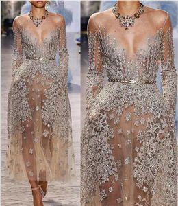 2018 Zuhair Murad Prom Dresses Champagne Applique Beads Manica lunga Abiti da sera convenzionali Sheer Neck Lunghezza caviglia Una linea Party Dress Luxury