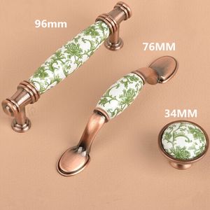 96mm Europe Style White and Green Porcelain Furniture Handle Red Bronze Cabinet Drawer Pull Kred Antique Copper Dresser Handtag