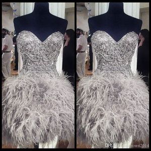 Short Prom Dresses With Feathers Sweetheart Neck Corset Lace Up Back Graduation Homecoming Dress Beading Crystal Cocktail Girls Gowns