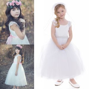 Abiti da prima comunione per bebè con scollo tondo e cintura Abito da damigella carino Abito da sposa per bambini alla caviglia