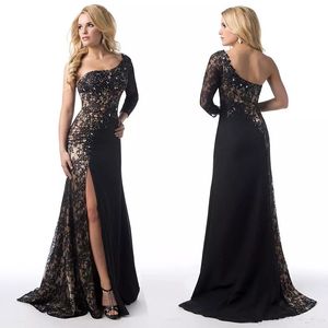 High Quality One Shoulder Beaded Lace Long Sleeve Evening Dress Side Split Backless Chiffon Prom Party Dress Formal Occasion Wear
