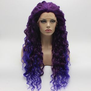 Iwona Hair Curly Long Purple Root Light Purple Ombre Wig 18#3700 3700L Half Hand Tied Heat Resistant Synthetic Lace Front Wig