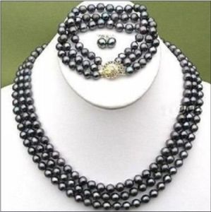 3 ROWS BLACK 6-7MM TAHITIAN PEARL NECKLACE BRACELET EARRING SET