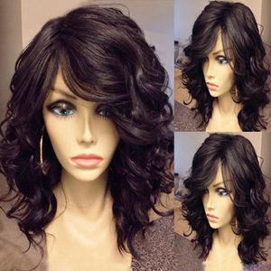 Amerykański Falisty Bob Ludzkich Włosów Peruki Dla Czarnych Kobiet Z Side Bang Brazylijski Remy Full Natural 14 Inch Lace Front Wig 150% Gęstość Diva1