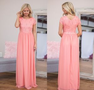 Coral Country Modest Bridesmaid Dresses With Cap Sleeves Lace Top Chiffon Skirt A-line Floor Length Rustic Maids of Honor Gowns CUSTOM