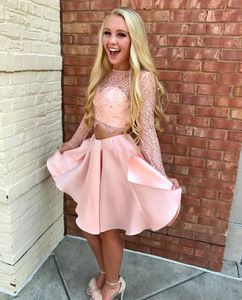Wholesale long short prom dress resale online - Modern Pink Dark Fuchsia Lace Two Piece Homecoming Dresses Bateau Long Sleeves Backless Short Prom Dresses Sweety Satin Party Dresses