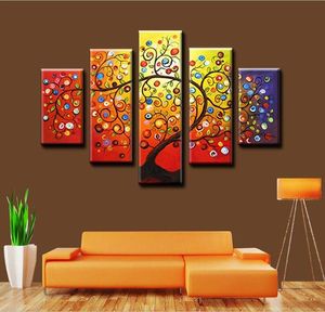 Incorniciato 5 Pannello Grande dipinto a mano Moderno Decorativo Tela Pittura a olio Home Living Room Decor Picture Wall Art Colorful Magic Tree AMP8