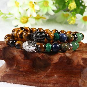 Mix 4 Colors Wholesale 8mm Tiger Eye Stone Beads with 7 Chakra Yoga Meditation Energy Healing Clear Cz Big Buddha Bracelet