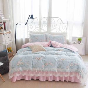 Korean Style Princess bedding set cotton 4pcs Flowers Print lace duvet cover Bed skirt sheet pillowcases Bedroom bedclothes home textile king queen size