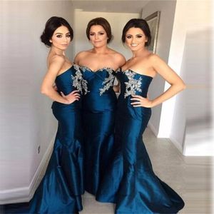 Satin Mermaid Bridesmaid Dresses Long Sweetheart Appliques Sweep Train Wedding Guest Dress Zipper Back Fast Delivery 2017 New Bridal Gowns