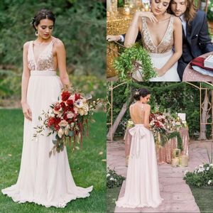 Sequined And Chiffon Long Baridesmaid Dresses Plunging Sleeveless A-Line Evening Dresses Backless With Bow Tiered Sweep Train Prom Gowns