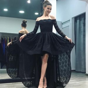 Simple Sexy Black Hi-Lo Prom Dresses Off shoulder Long Sleeves Evening Dress Lace Front Short Back Long Formal Party Gown Custom Made Plus